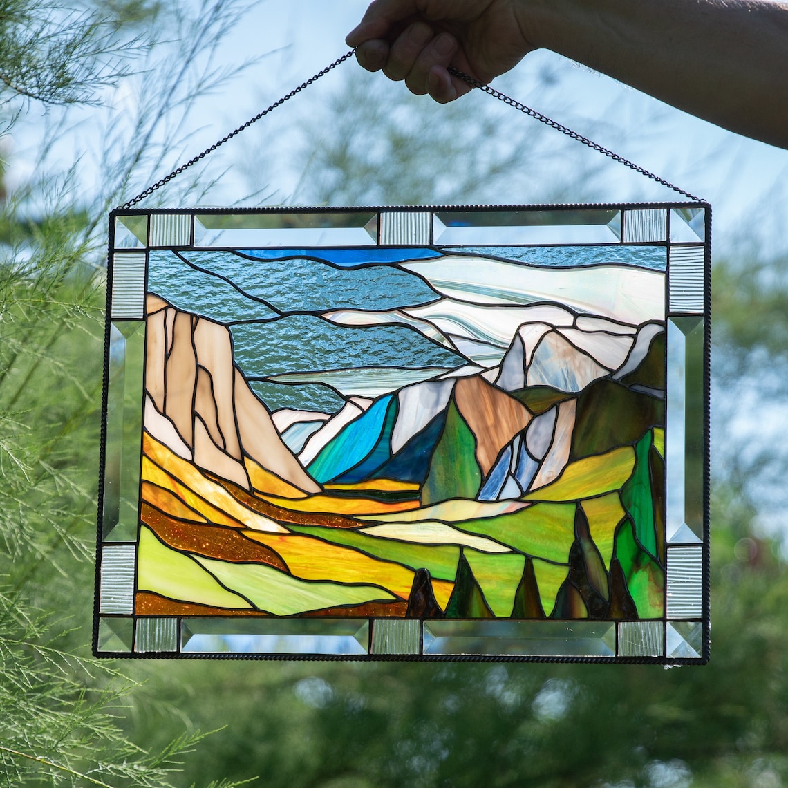 Mountain stained glass panel Christmas gift Sierra Nevada Etsy
