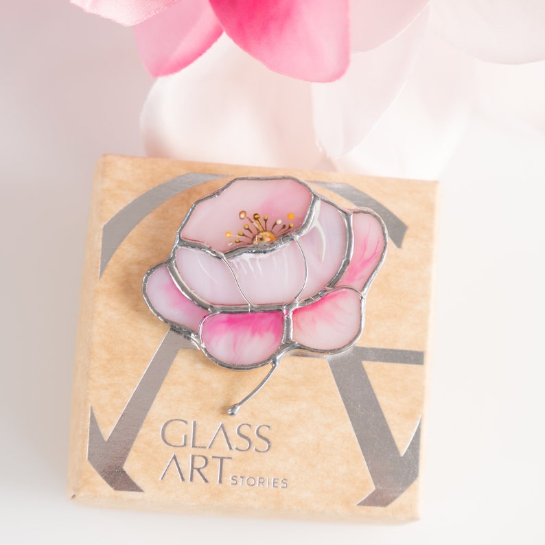 pink peony stained glass pin