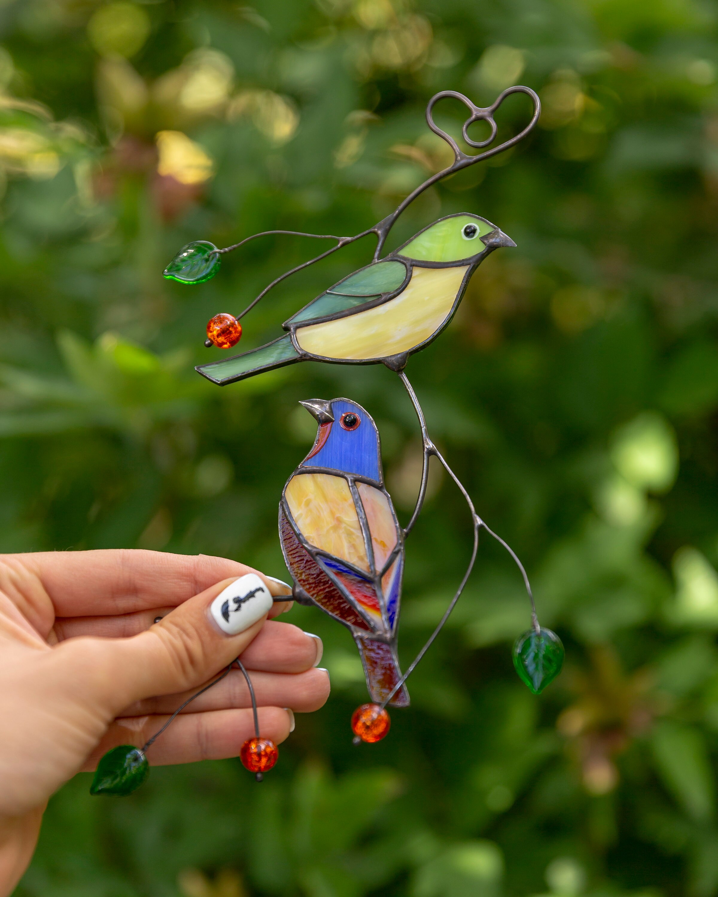 Bunting bird stained glass window hangings Custom stained Etsy