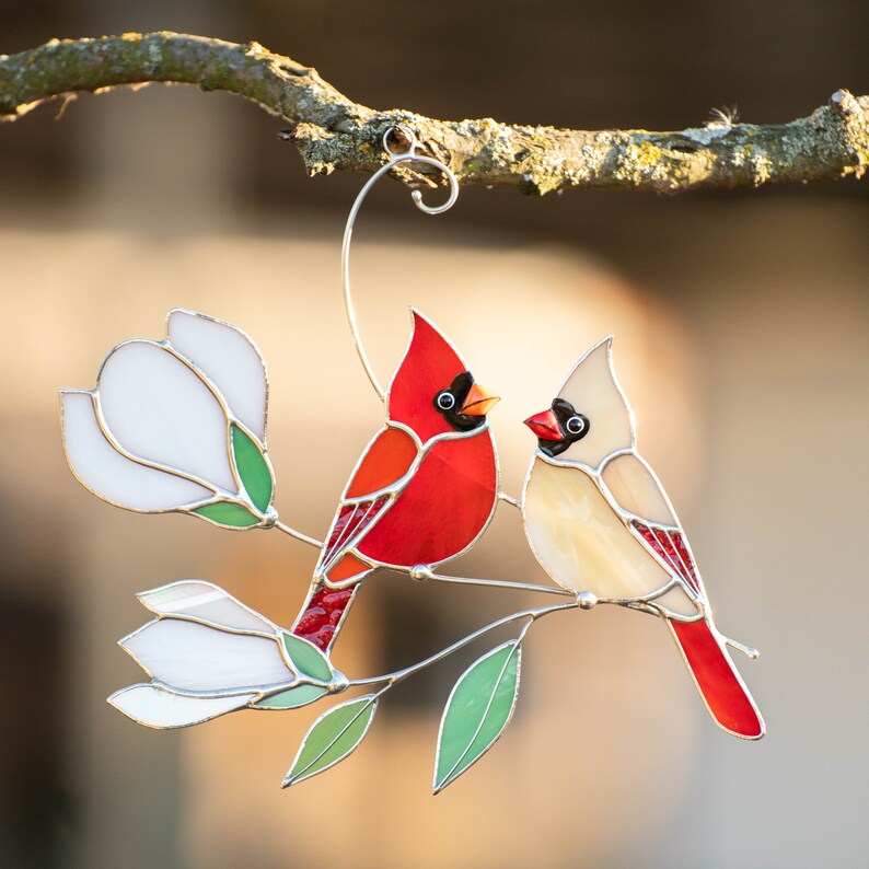 Pair of Cardinals Stained Glass Window Hangings Custom Stained Etsy