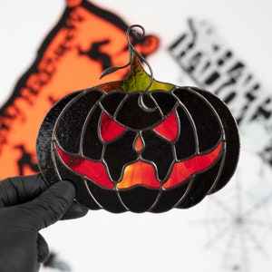 black Halloween pumpkin stained glass decor indoor and outdoor