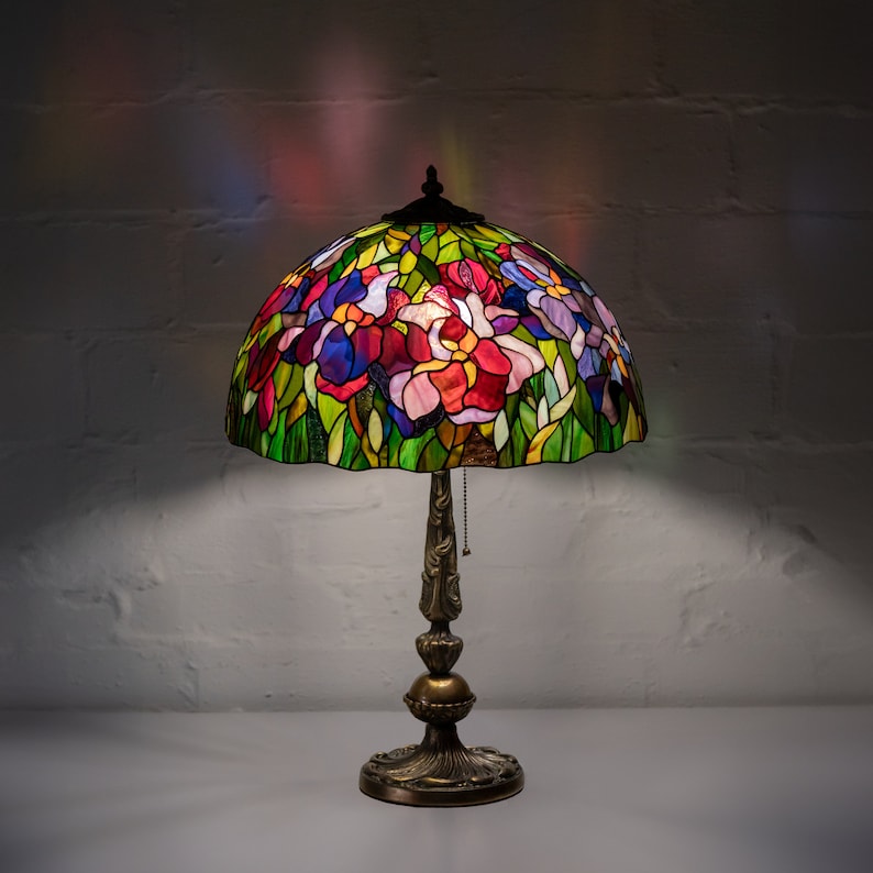 Modern stained glass lamp of irises