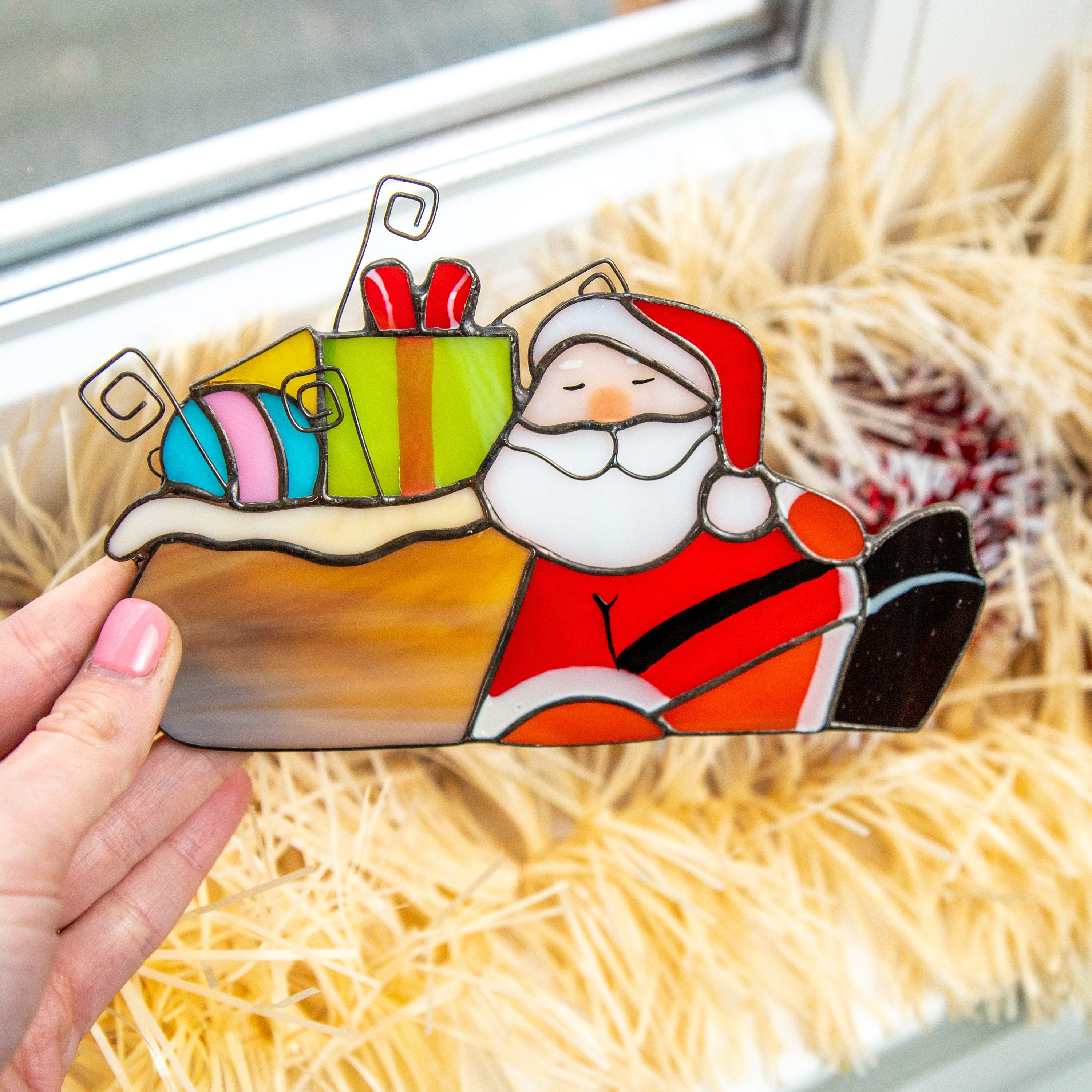 Christmas stained glass window hangings Christmas gifts Santa stained glass Christmas decorations
