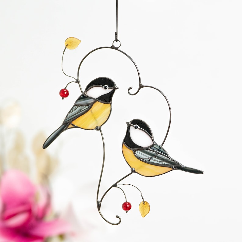 modern stained glass suncatcher of pair of chickadees