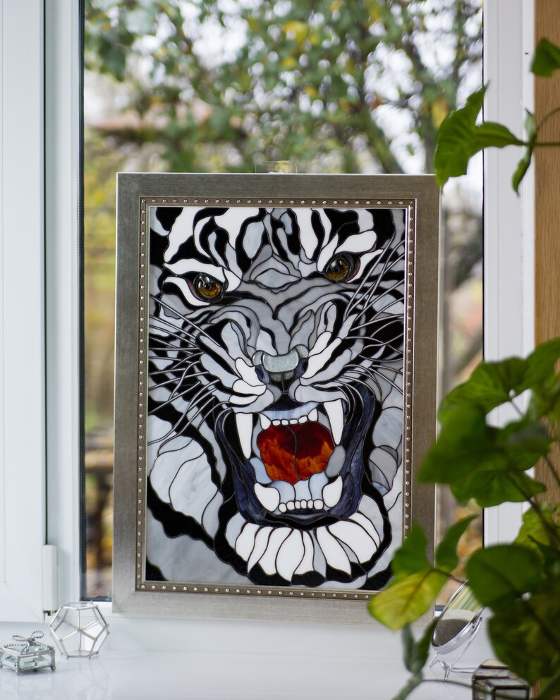 handcrafted glass white tiger panel