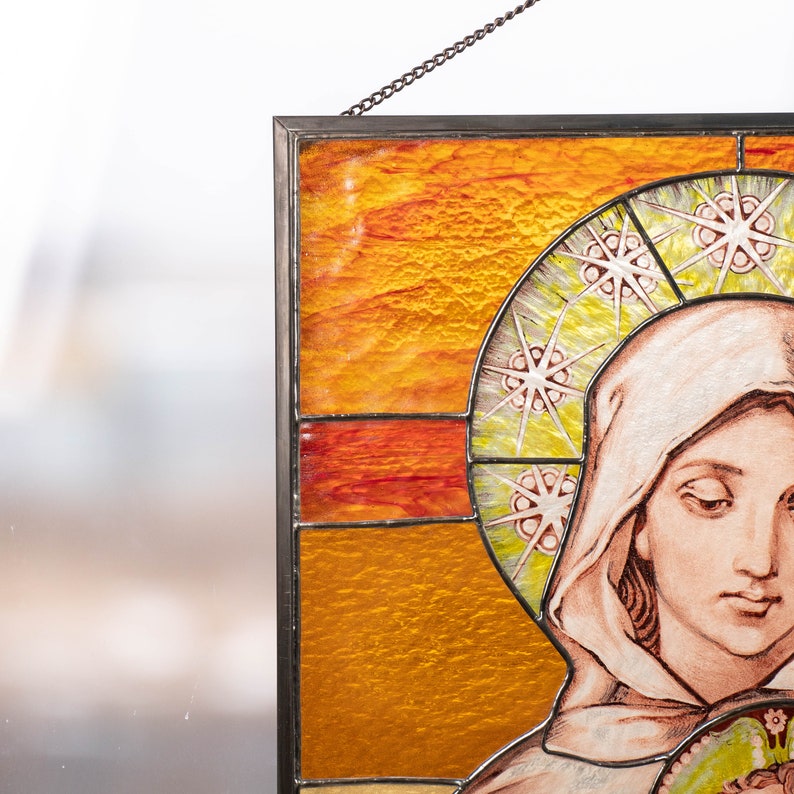 Virgin Mary stained glass panel Handmade gift Orthodox icon Tiffany stained glass hand painted bible image 4