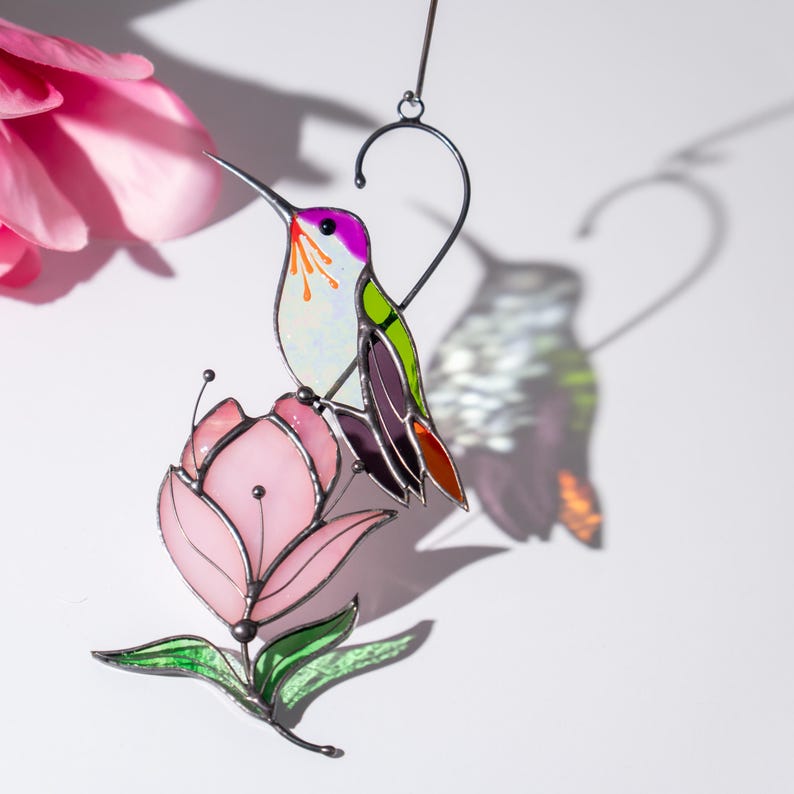stained glass hummingbird with magnolia flower decor