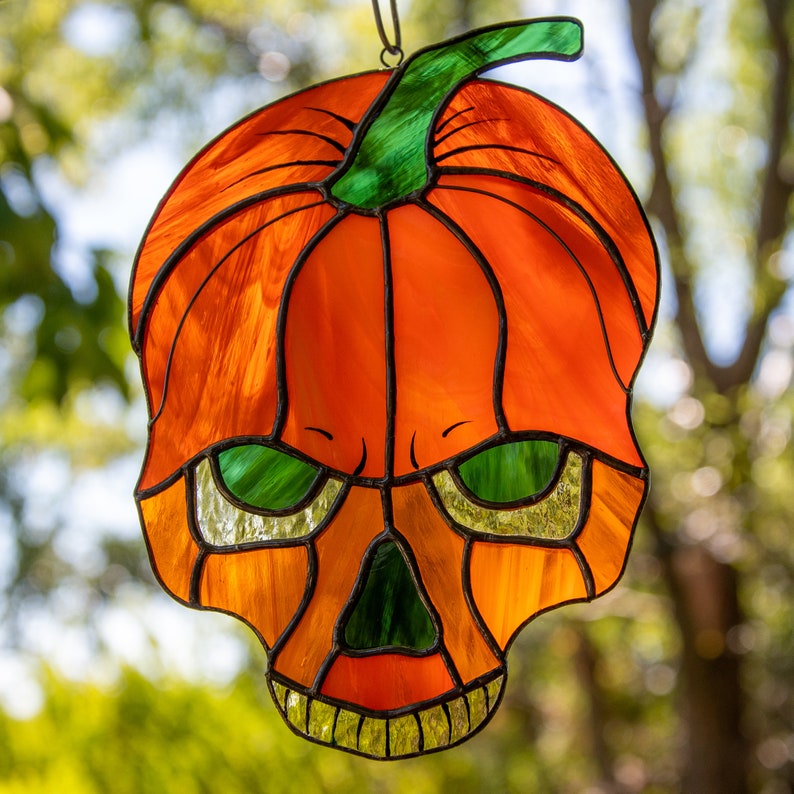 Halloween Decor Stained Glass Skull Suncatcher Horror Pumpkin  Etsy