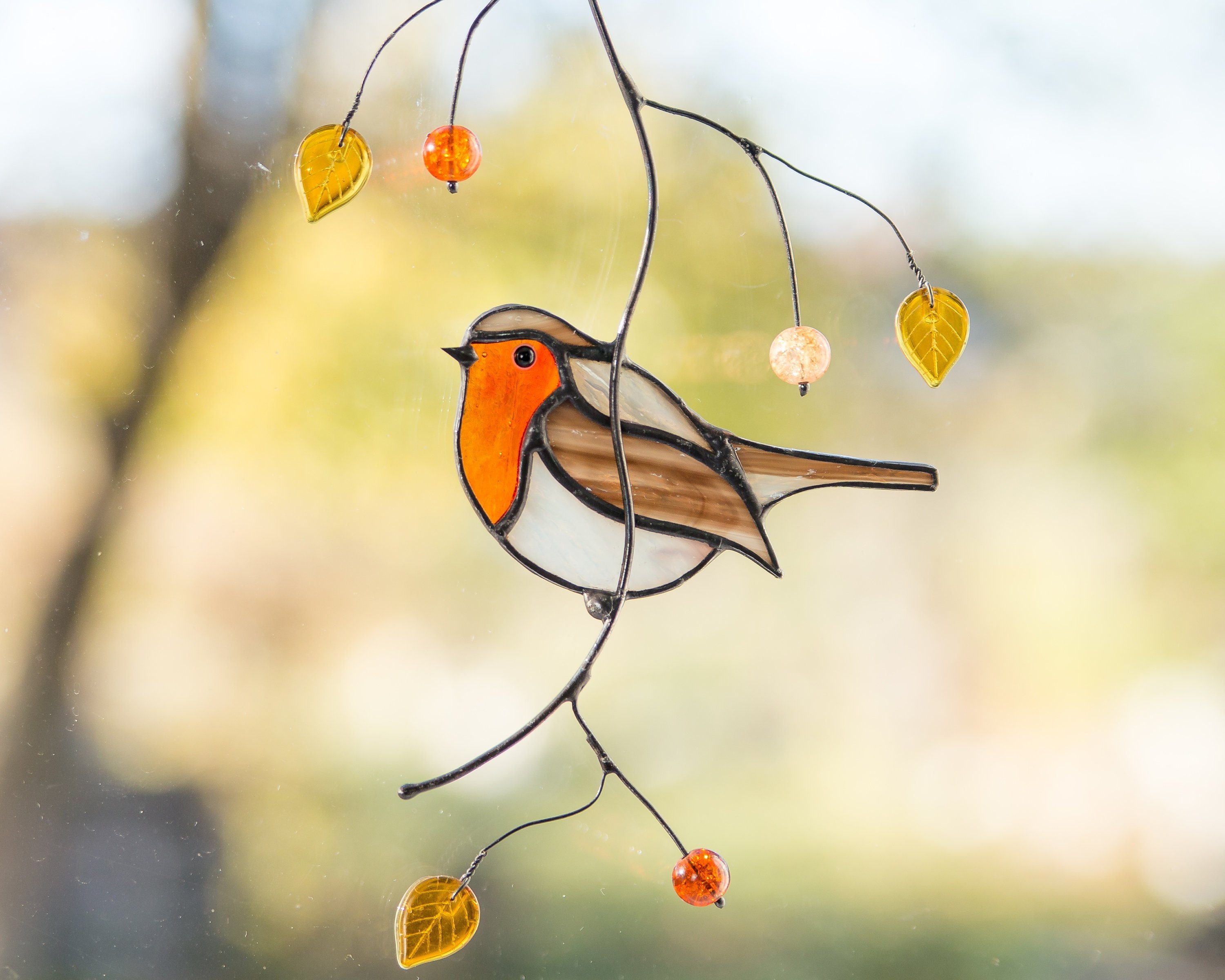 Robin stained glass bird suncatcher / Housewarming gift / Etsy