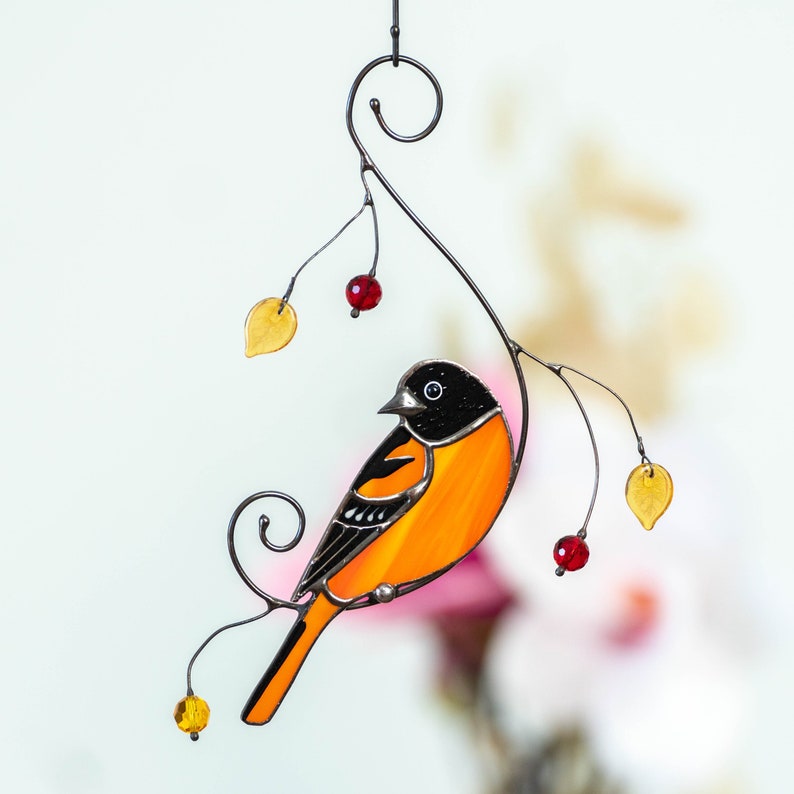Baltimore oriole stained glass bird suncatcher