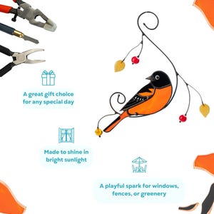 Stained glass baltimore oriole with decorative leaves and beads, surrounded by tool graphics and short feature phrases.