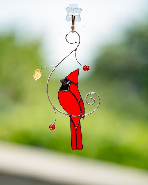 Cardinal Stained Glass Bird Suncatcher Cardinal Bird Feeder Etsy