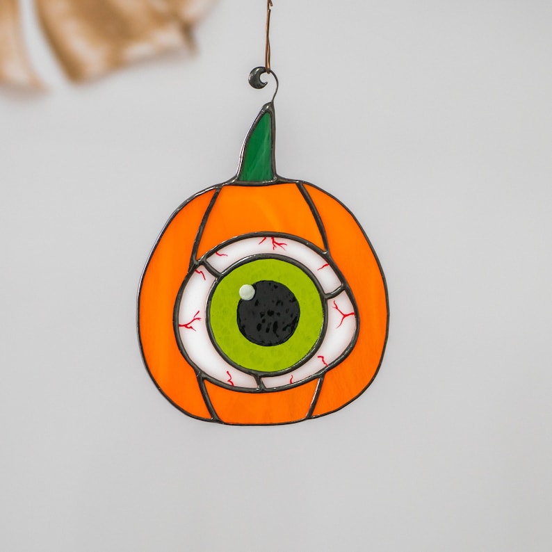 Halloween stained glass pumpkin eye suncatcher Creepy decor Halloween gift image 9