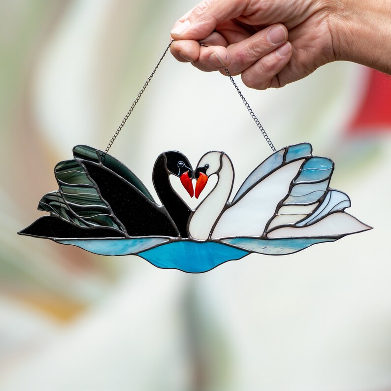 Pair Of Swans Stained Glass Window Hangings Wedding Gift Etsy
