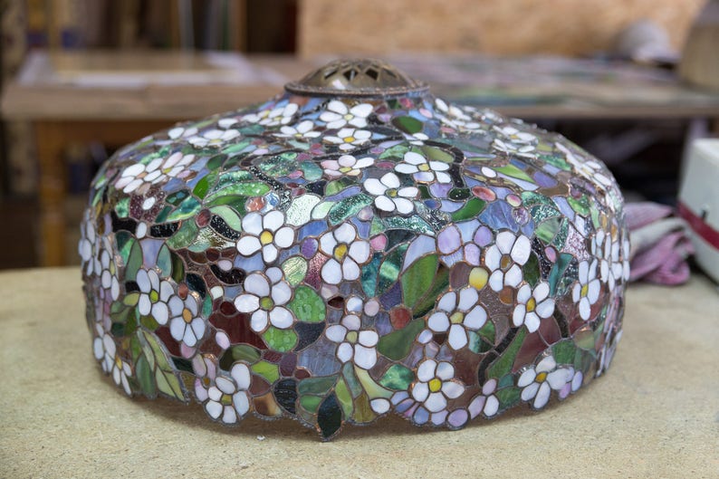 Ceiling hanging lamp Stained glass chandelier Unique gift for mom Flowers pendant lamp Cherry blossom art decor lamp image 6