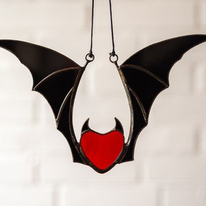 Valentine stained glass heart suncatcher goth home decor Stained glass bat honeymoon gifts Halloween decor image 2