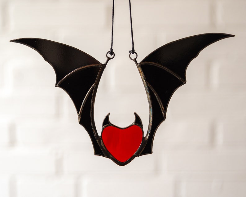 Valentine stained glass heart suncatcher goth home decor Stained glass bat honeymoon gifts Halloween decor image 2