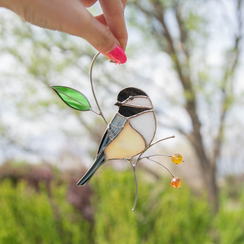 bird of chickadee made of stained glass