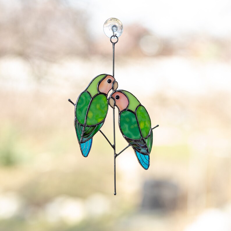 Love birds stained glass window hangings decor Anniversary Etsy