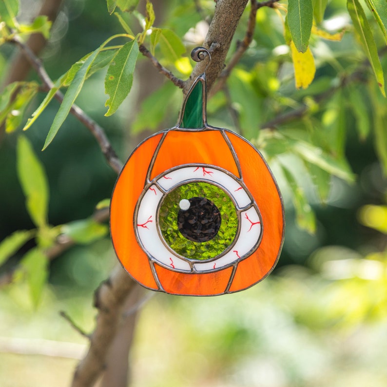 Halloween stained glass pumpkin eye suncatcher Creepy decor Halloween gift image 5