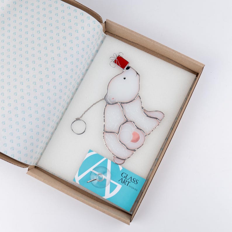 polar bear stained glass decor in the brand box of GlassArtStories