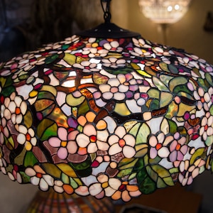 Ceiling hanging lamp Stained glass chandelier Unique gift for mom Flowers pendant lamp Cherry blossom art decor lamp image 1