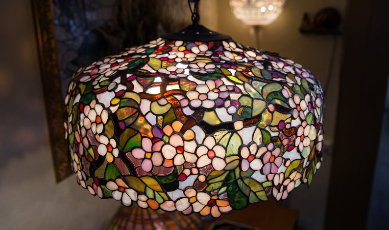 Ceiling Hanging Lamp Stained Glass Chandelier Flowers Pendant Cherry Blossom Art Decor Unique Shade
