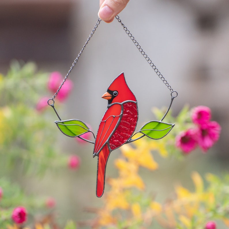 Cardinal bird stained glass suncatcher