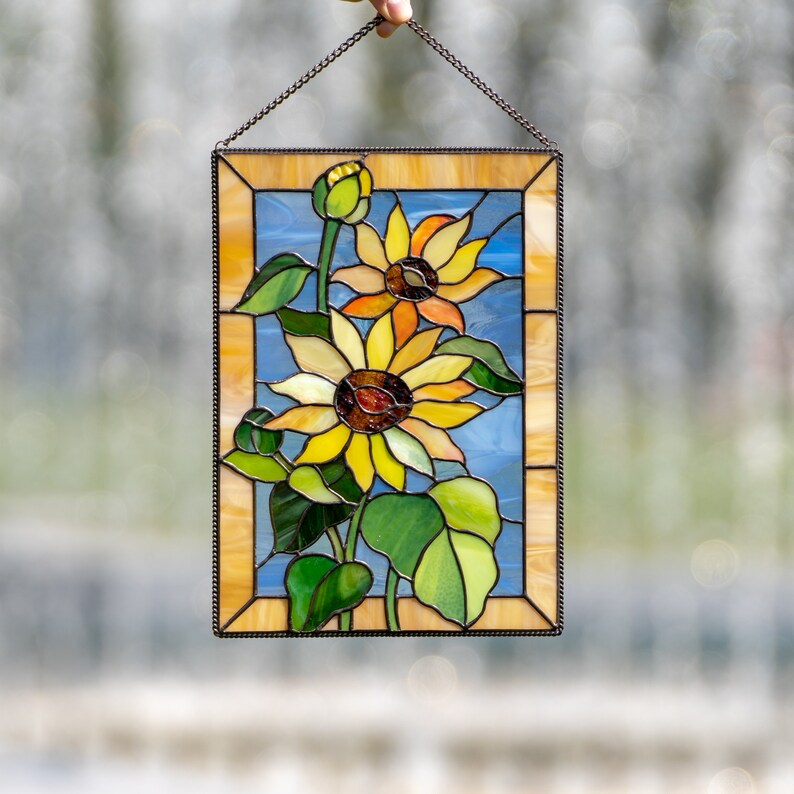 Sunflower Stained Glass Window Panel Housewarming Gift Flower Etsy