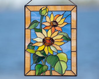 Sunflower stained glass window panel Housewarming gift Flower stained glass window hangings Sunflower charm Christmas gifts