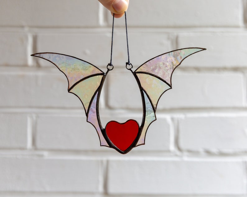 Valentine stained glass heart suncatcher goth home decor Stained glass bat honeymoon gifts Halloween decor image 10