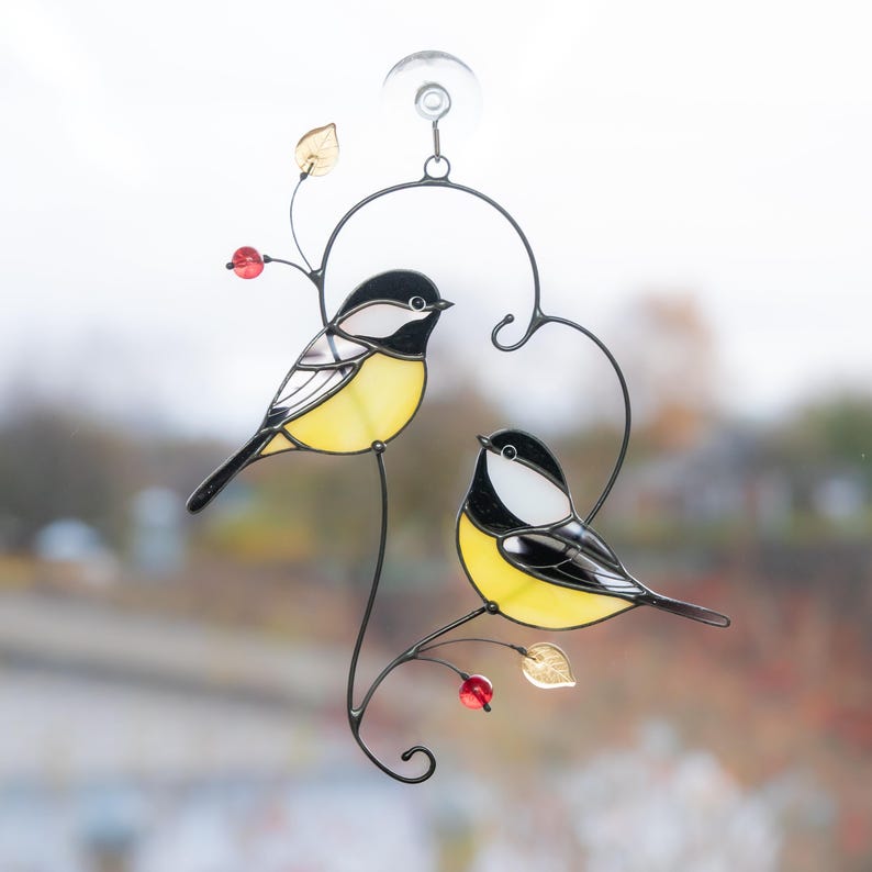 chickadees stained glass light catcher