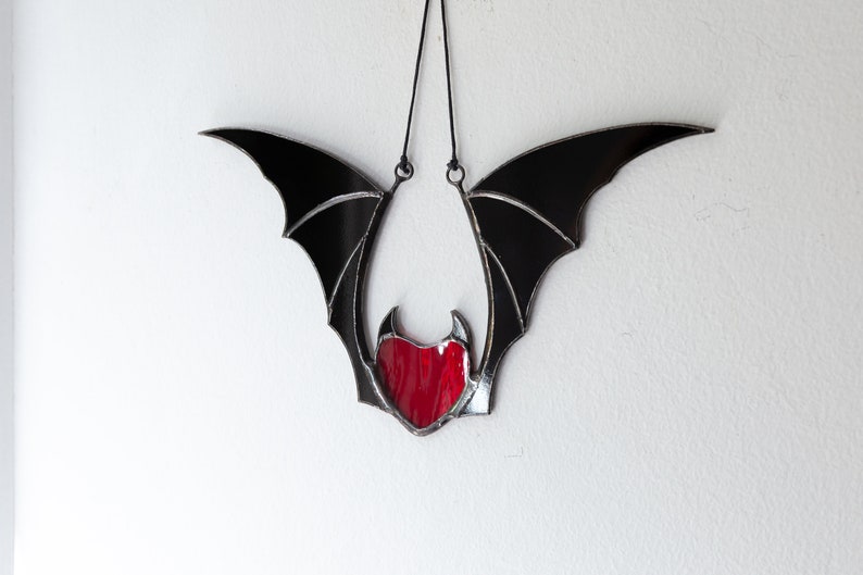 Valentine stained glass heart suncatcher goth home decor Stained glass bat honeymoon gifts Halloween decor image 5