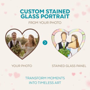 Infographic comparing a wedding couple’s photo on the left with its stained glass portrait version on the right, illustrating how photos are turned into stained glass art.