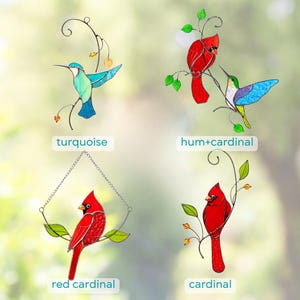 Stained glass bird and butterfly suncatchers including turquoise hummingbird, hummingbird with cardinal, red cardinal, and single cardinal design.