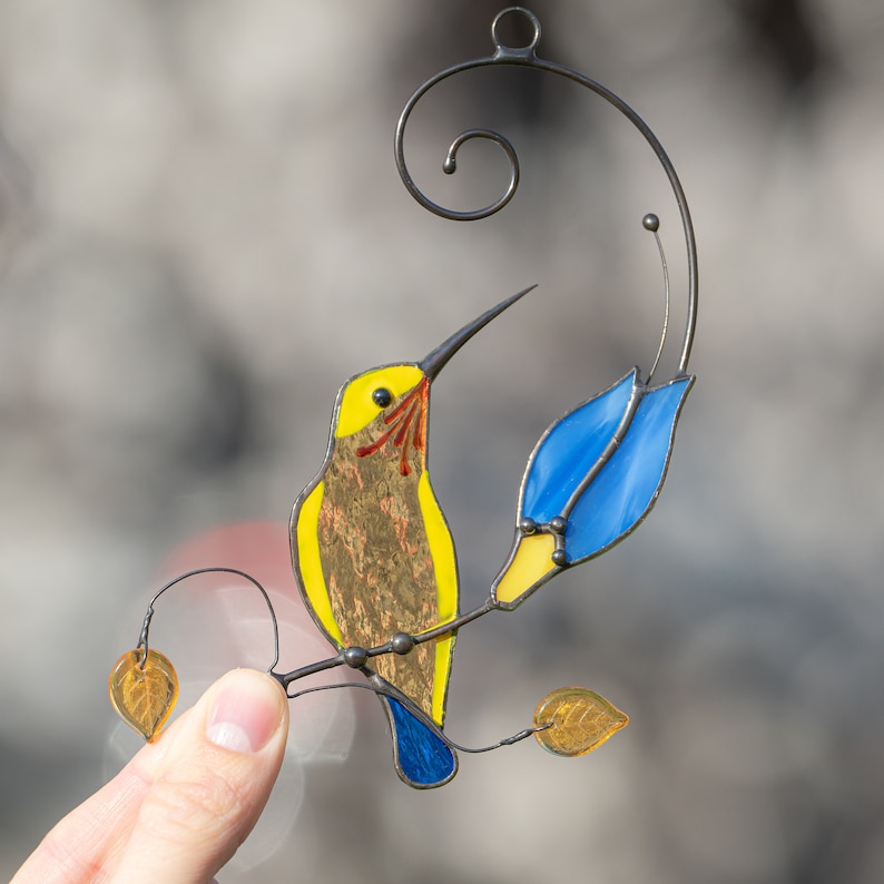 stained glass hummingbird in Ukrainian colours light catcher