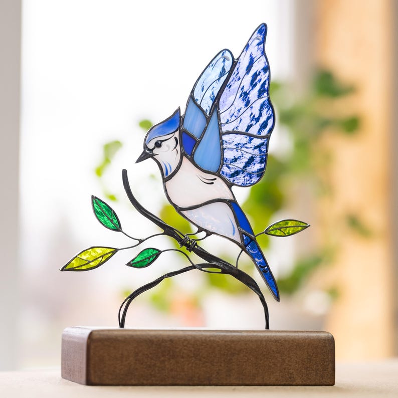 blue jay ornament made of stained glass