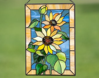 ひまわりのステンドグラスの窓パネルウクライナの贈り物花のステンド