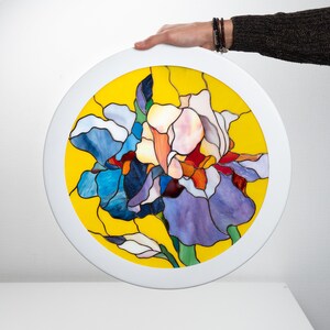 handmade stained glass wall hanging of irises