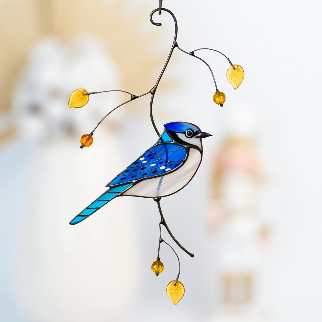 Blue Bird Stained Glass Suncatcher, Window Hangings, Indoor Ornament Decor  – GoJeek