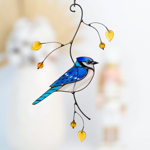 Blue Jay Stained Glass Window Hangings Christmas Gifts Bird Etsy