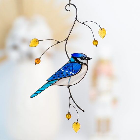 Blue Jay Stained Glass Bird Suncatcher Christmas Gifts Blue Jay Feathers  Custom Stained Glass Window Hangings Blue Jay Art Stained Glass 