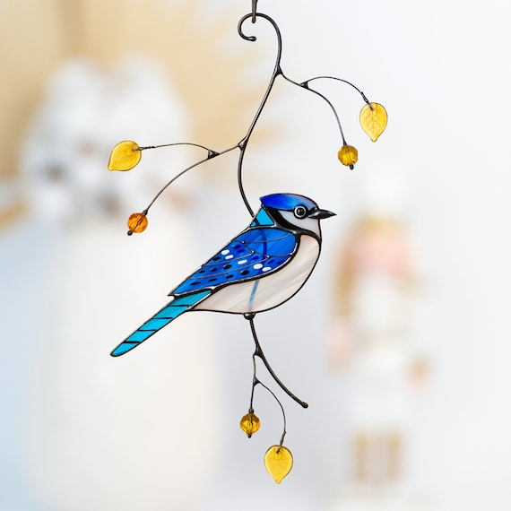 Stained glass suncatcher Pretty bird Window hanging bird Glass decor g –