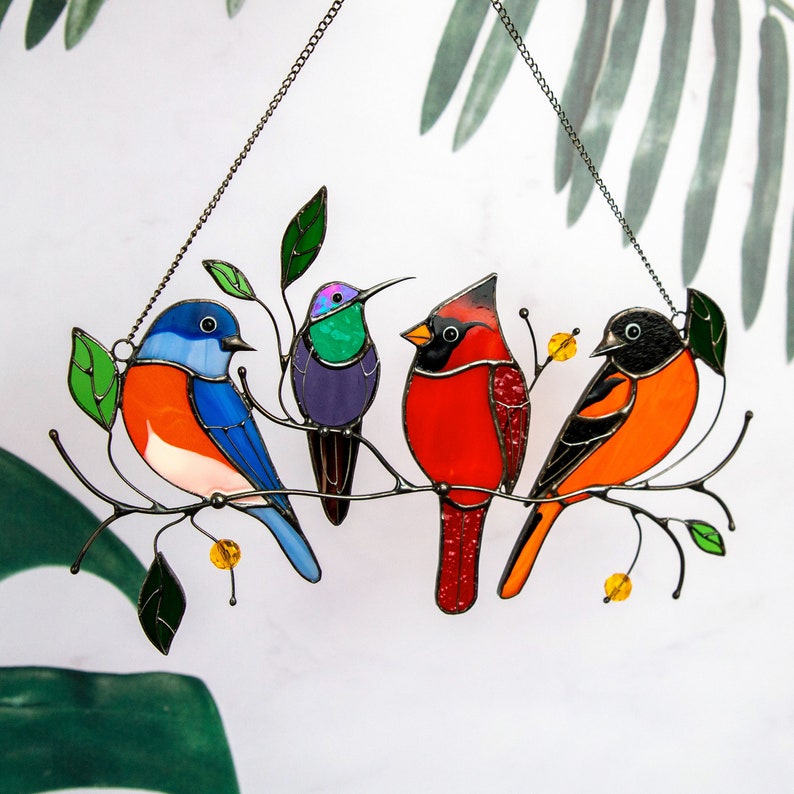 Vögel Glasmalerei Fensterbehänge Muttertag Geschenk gebeizt 4 Vögel