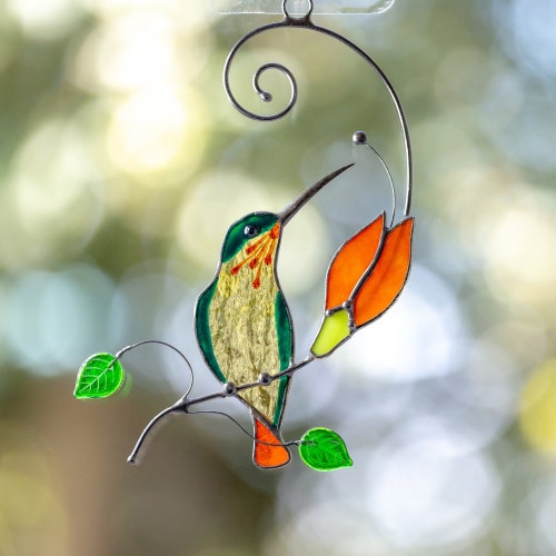 Stained glass bird suncatcher Mothers Day gift Humming bird feeder Custom stained glass window hanging Humming bird wall art Bird artwork