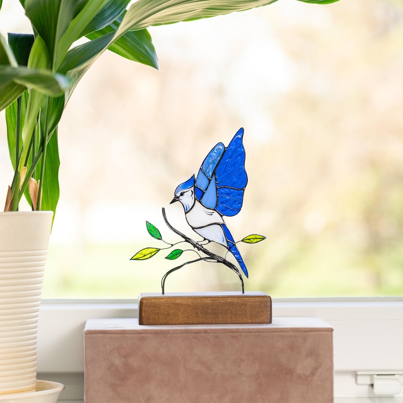 blue jay art made of modern stained glass