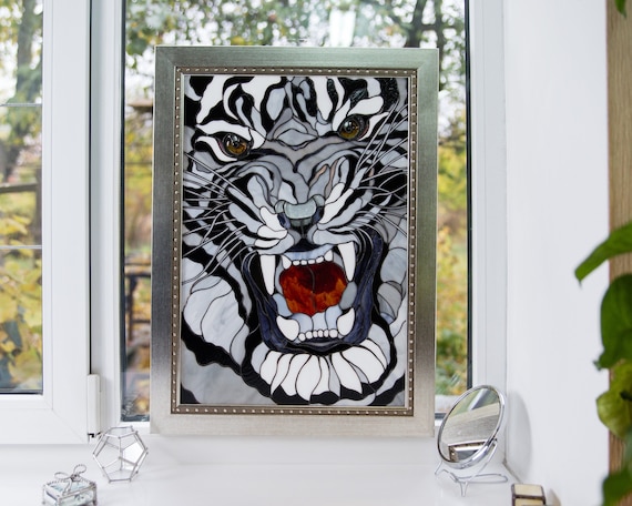 White bengal tiger stained glass panel, Wildlife wall art for home