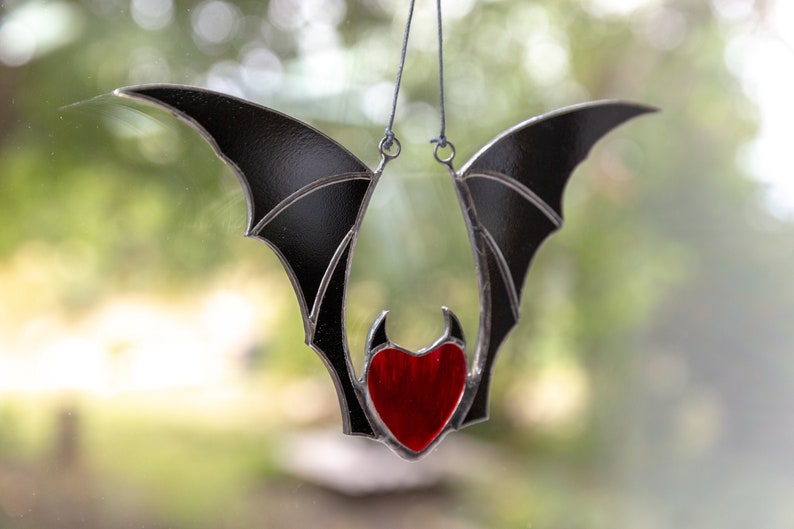 Valentine stained glass heart suncatcher goth home decor Stained glass bat honeymoon gifts Halloween decor image 6