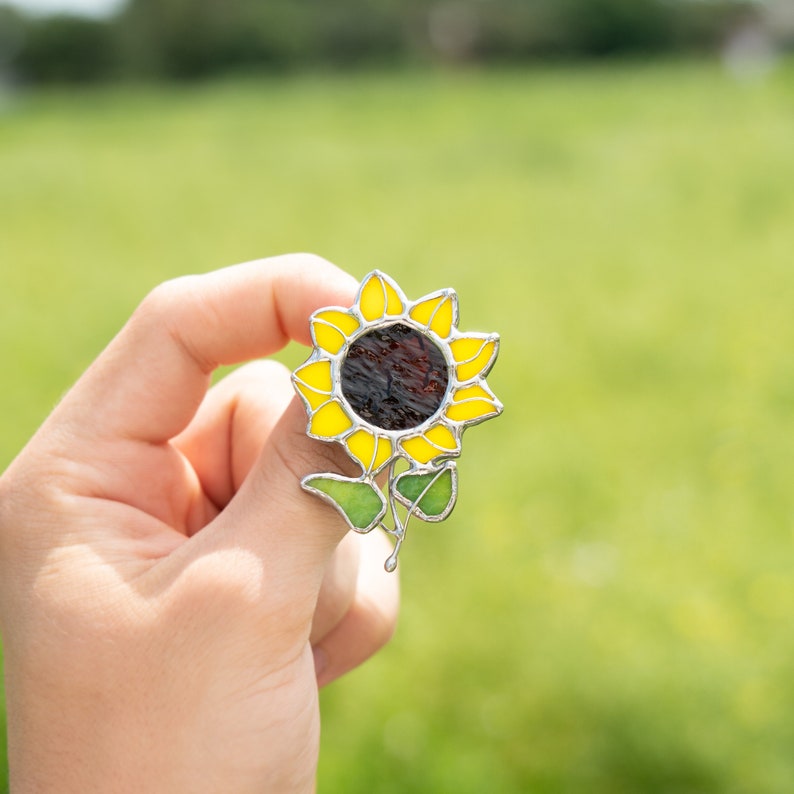 sunflower plant brooch made of modern stained glass