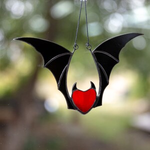 Valentine stained glass heart suncatcher goth home decor Stained glass bat honeymoon gifts Halloween decor image 7